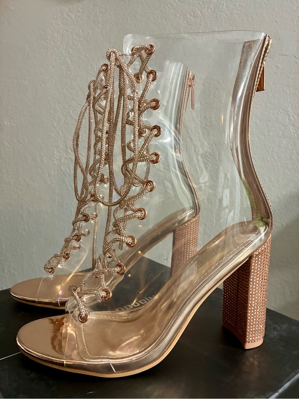 Clear Lace-Up Heels in Rose Gold
